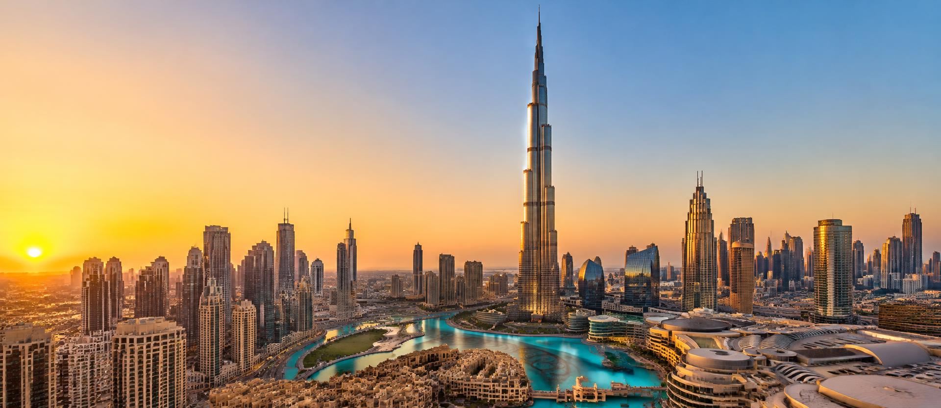 Dubai skyline with Burj Khalifa at sunset
